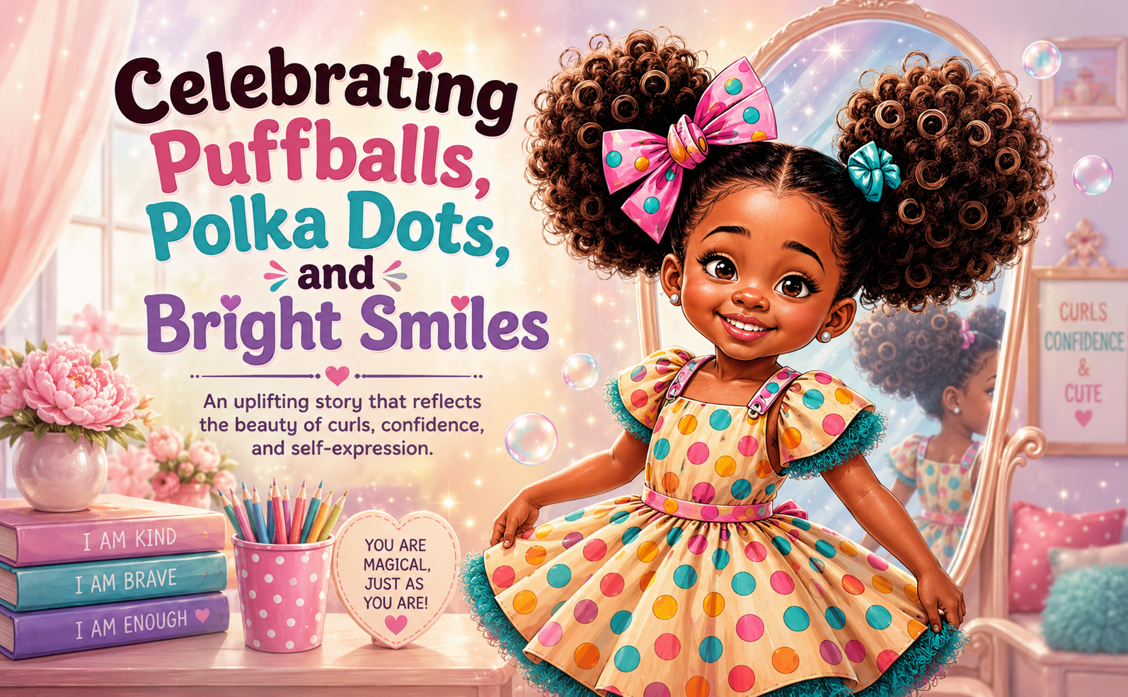 The Girl in the Mirror curls confidence and bright smiles children’s book artwork